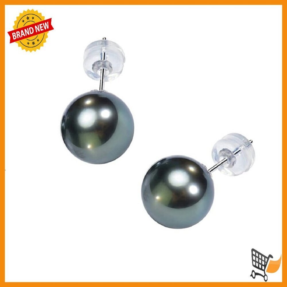 18K Gold Tahitian Black Pearl Stud Earrings 8-11MM AAA Quality - Picture 1 of 7
